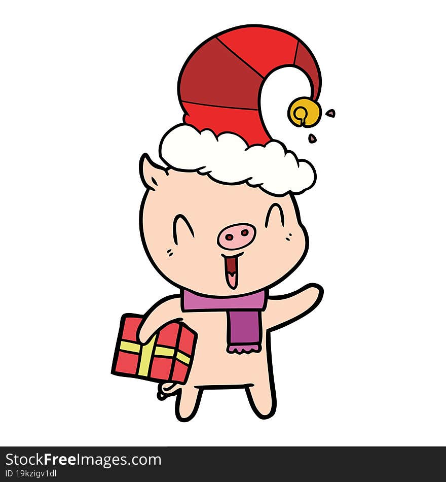 happy cartoon pig with xmas present. happy cartoon pig with xmas present