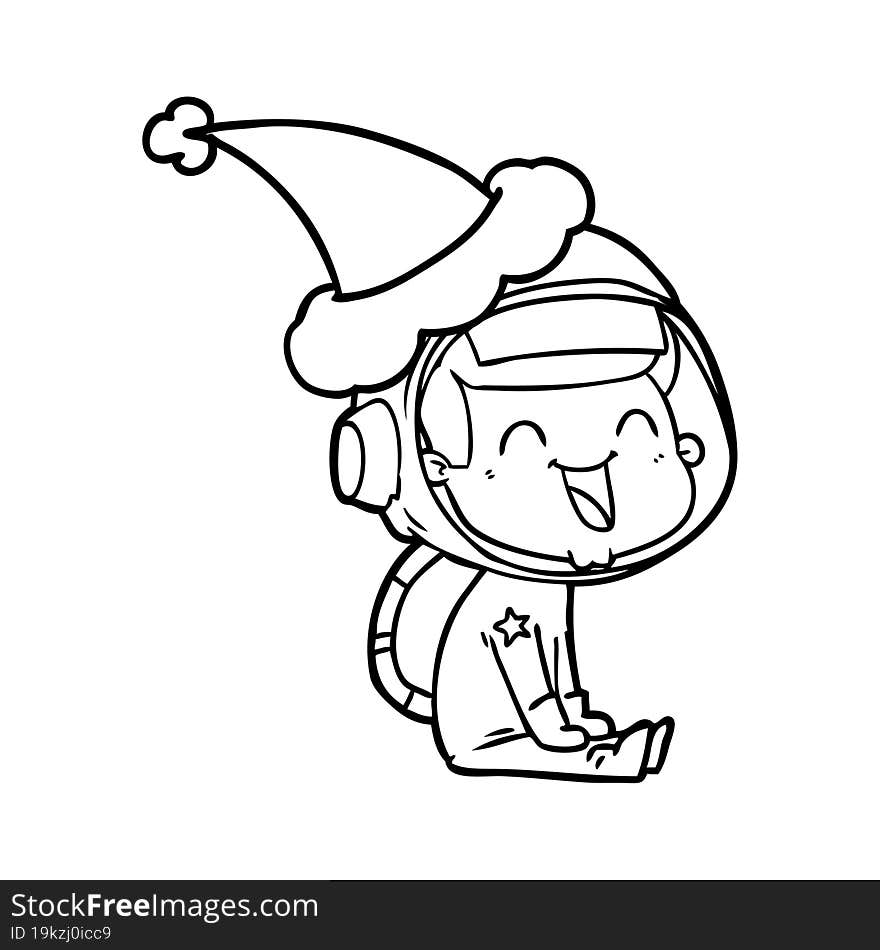 happy line drawing of a astronaut wearing santa hat