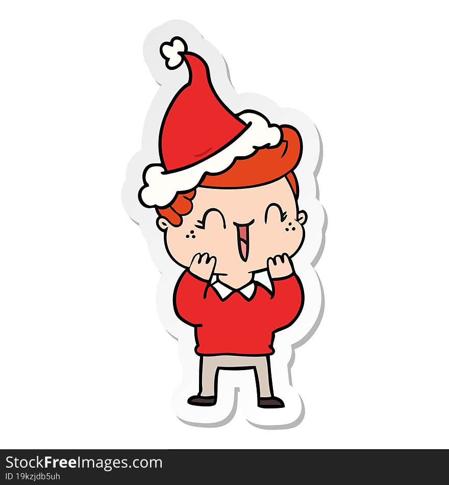 sticker cartoon of a laughing boy wearing santa hat