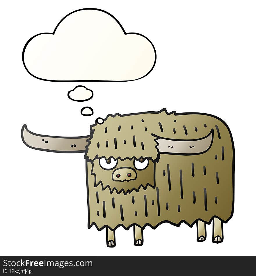 cartoon hairy cow and thought bubble in smooth gradient style