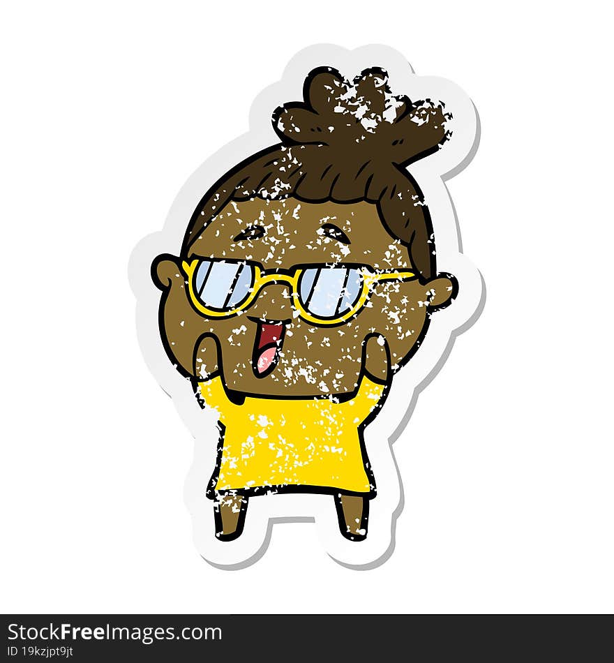 distressed sticker of a cartoon happy woman wearing spectacles