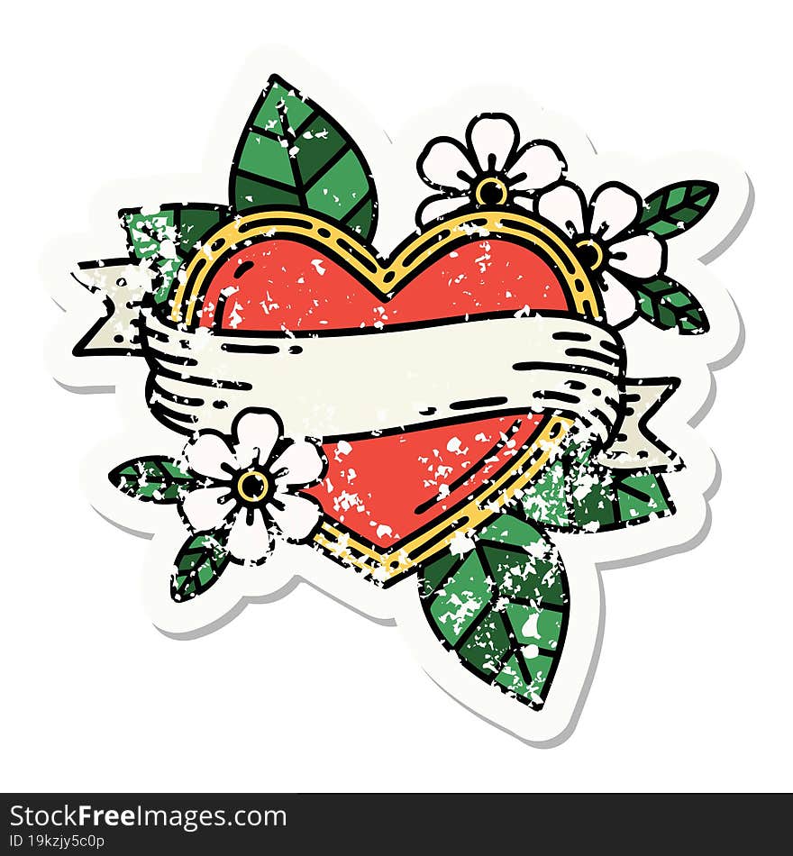 traditional distressed sticker tattoo of a heart and banner