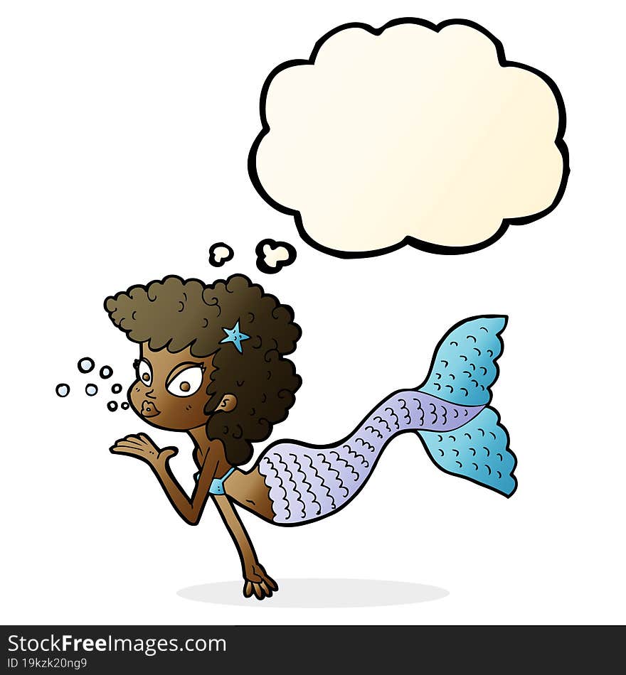 cartoon mermaid blowing kiss with thought bubble