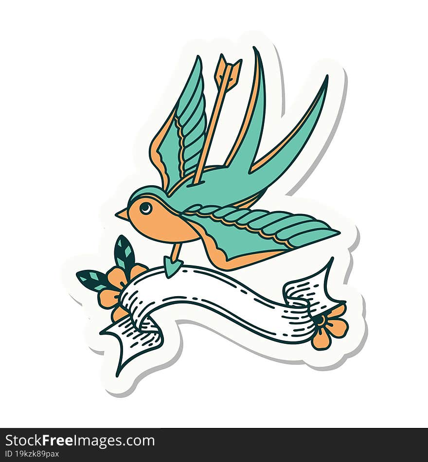 tattoo sticker with banner of a swallow pieced by arrow