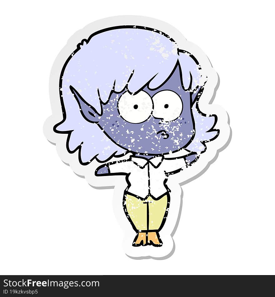 distressed sticker of a cartoon elf girl staring