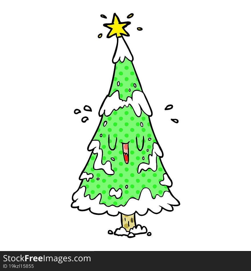 cartoon snowy christmas tree with happy face. cartoon snowy christmas tree with happy face