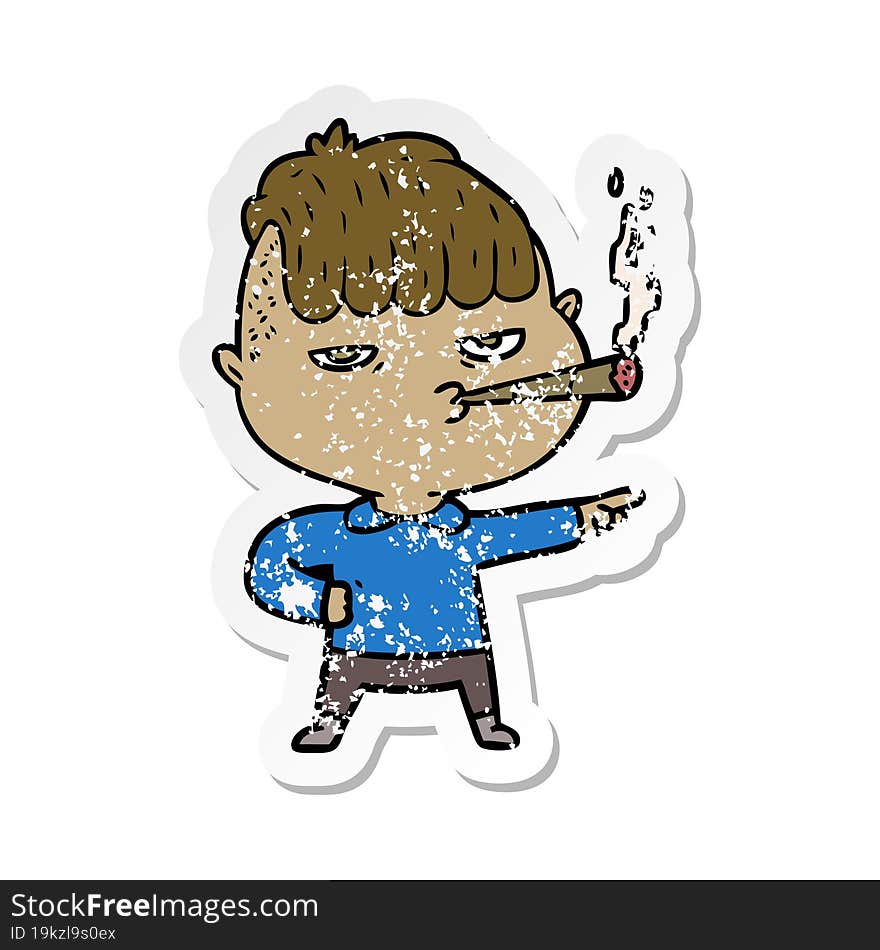 distressed sticker of a cartoon man smoking