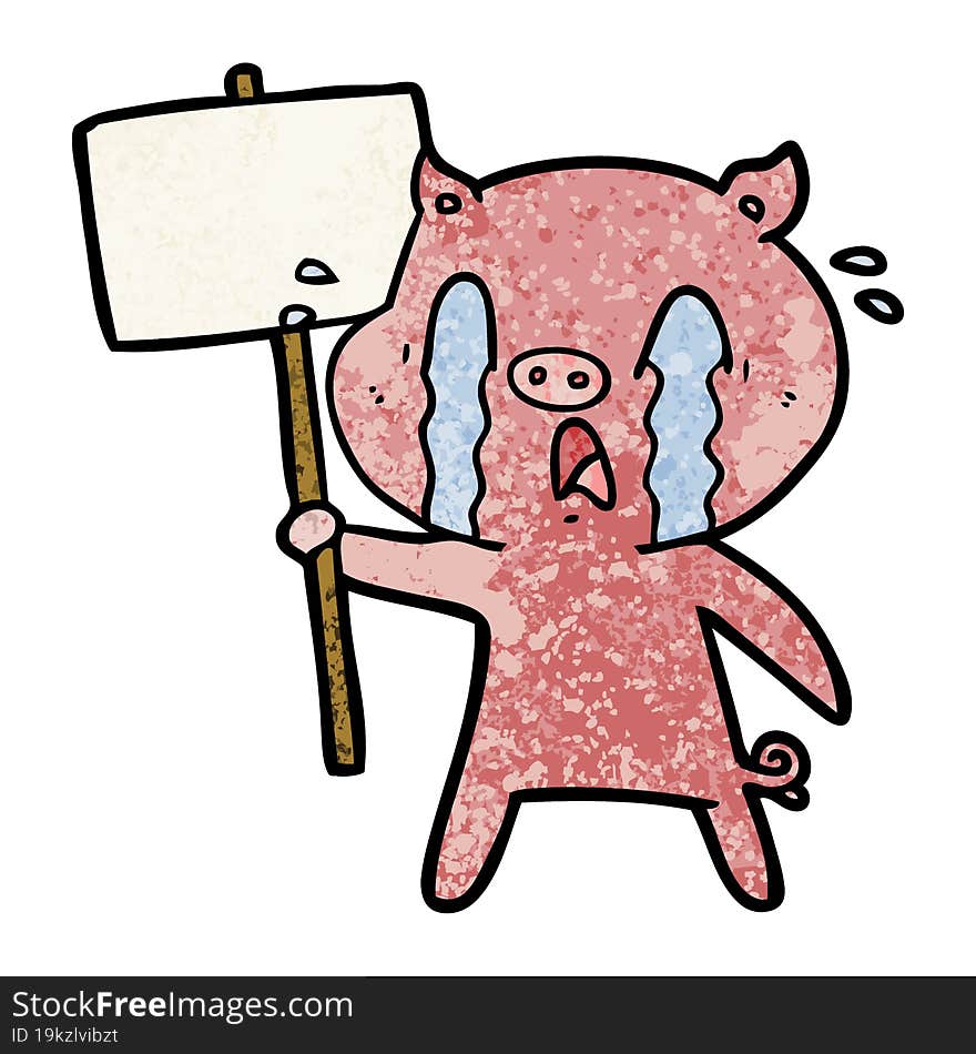 crying pig cartoon with protest sign. crying pig cartoon with protest sign