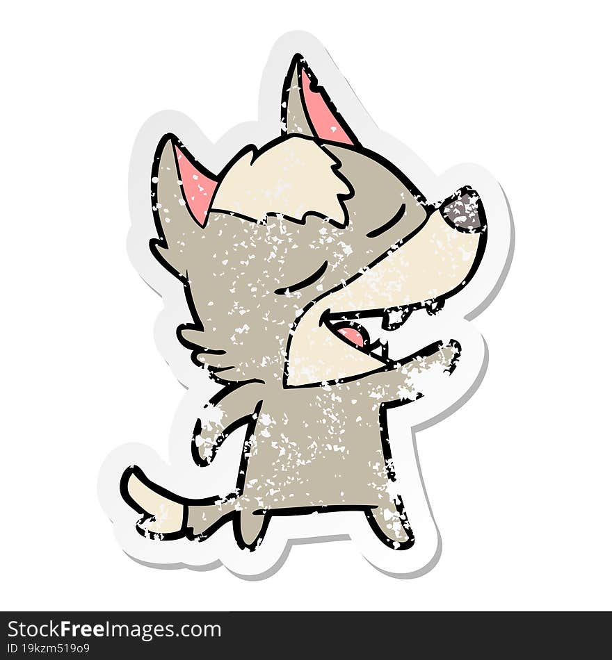 distressed sticker of a cartoon wolf laughing