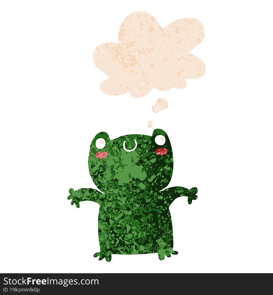 cartoon frog with thought bubble in grunge distressed retro textured style. cartoon frog with thought bubble in grunge distressed retro textured style