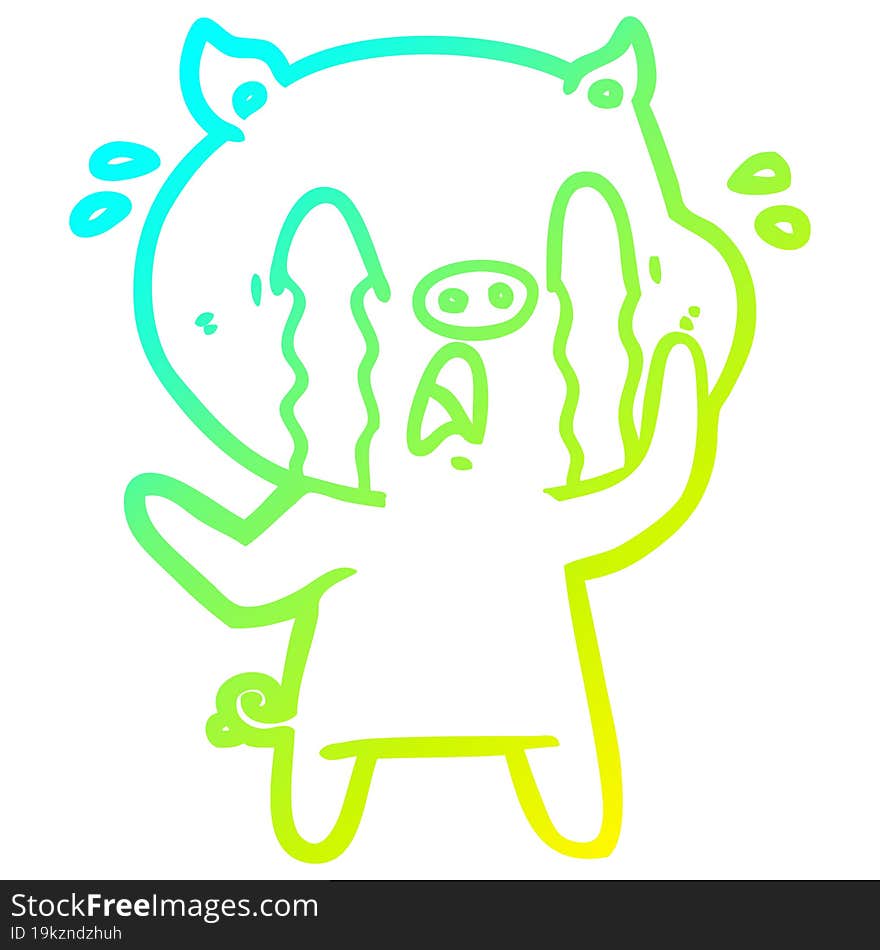 cold gradient line drawing of a crying pig cartoon