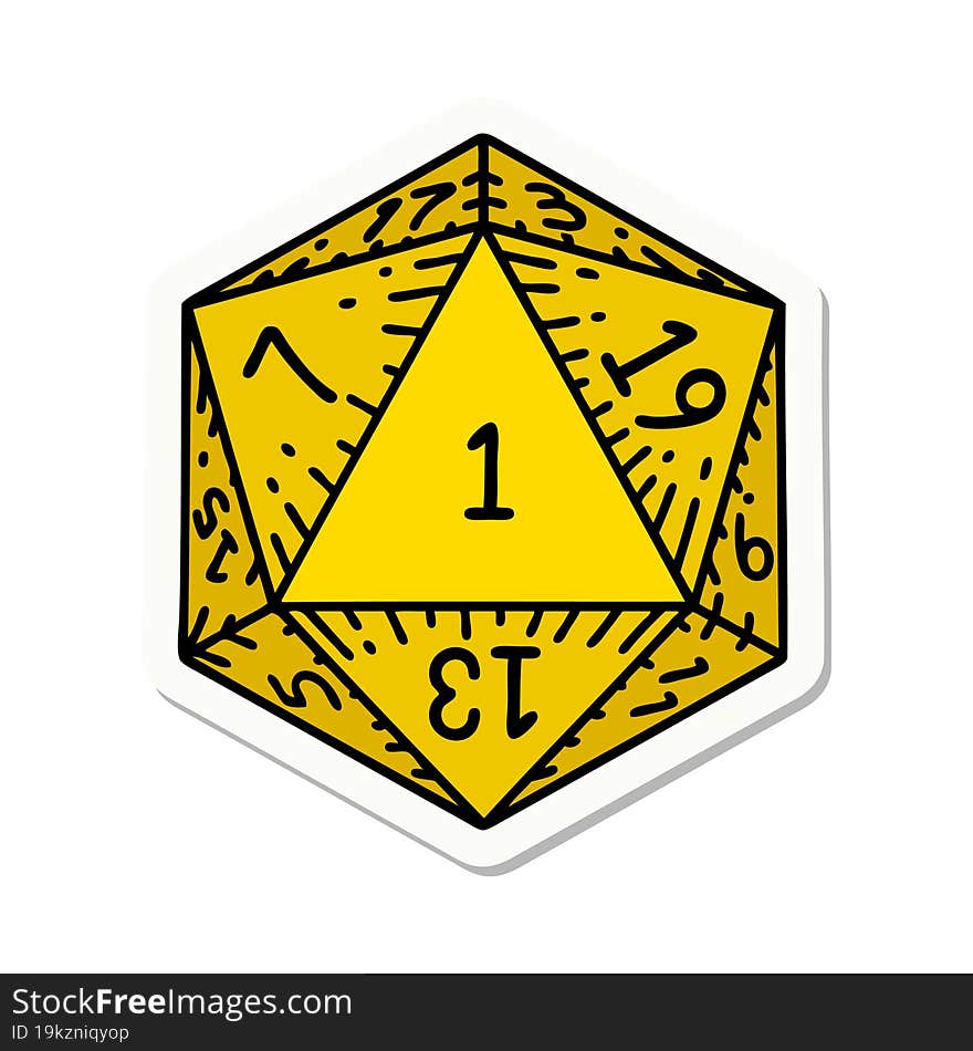 sticker of a natural 1 D20 dice roll. sticker of a natural 1 D20 dice roll