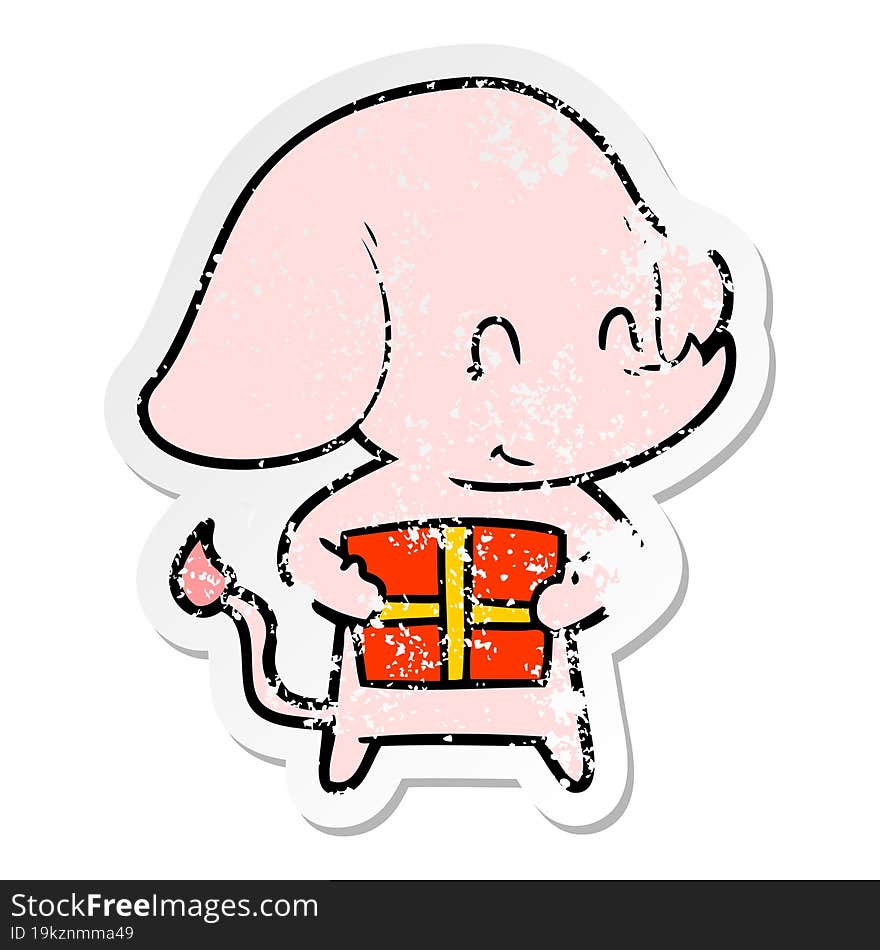 distressed sticker of a cute cartoon elephant with present