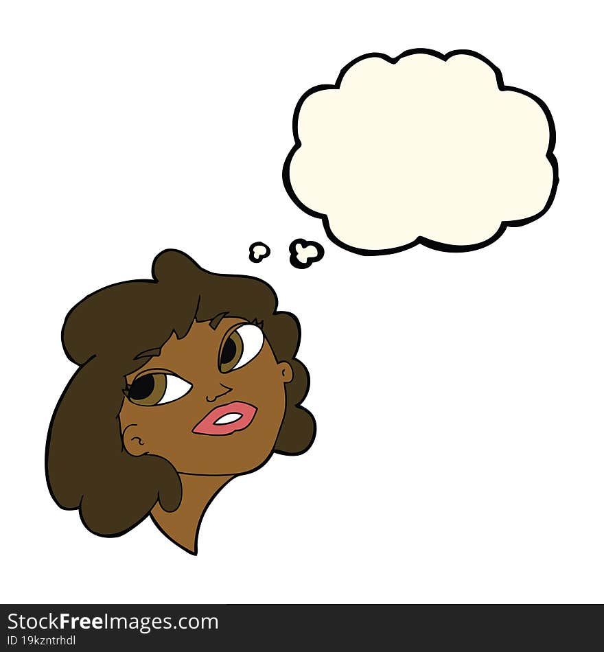 cartoon happy woman with thought bubble