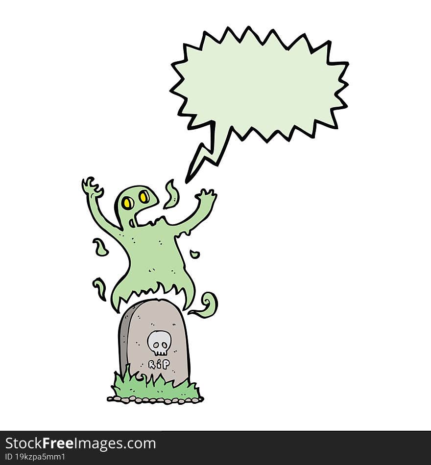 Cartoon Ghost Rising From Grave With Speech Bubble