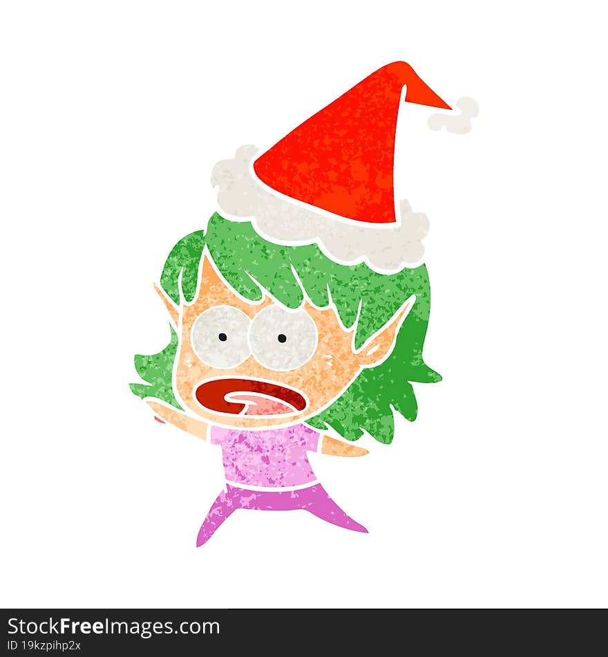 retro cartoon of a shocked elf girl wearing santa hat