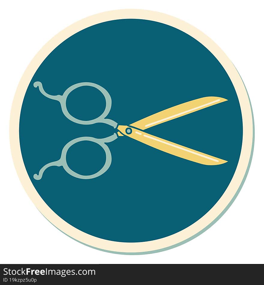 sticker of tattoo in traditional style of barber scissors. sticker of tattoo in traditional style of barber scissors