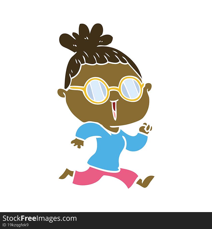 Flat Color Style Cartoon Running Woman Wearing Spectacles