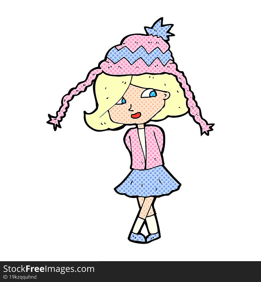 happy cartoon girl wearing hat. happy cartoon girl wearing hat