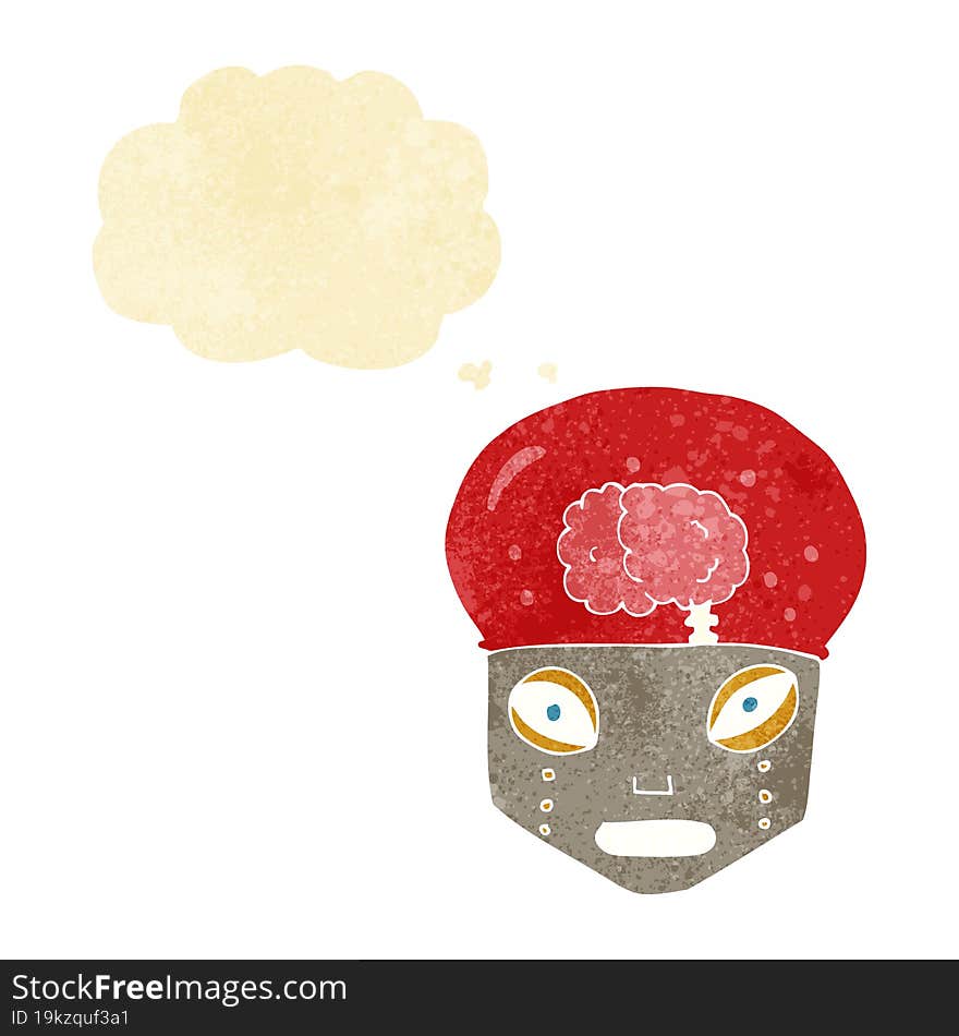 cartoon spooky robot head with thought bubble