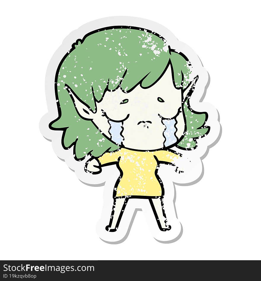 distressed sticker of a cartoon crying elf girl