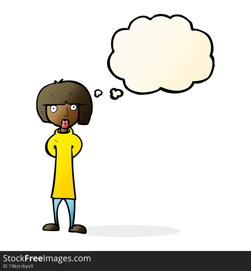 cartoon curious woman with thought bubble