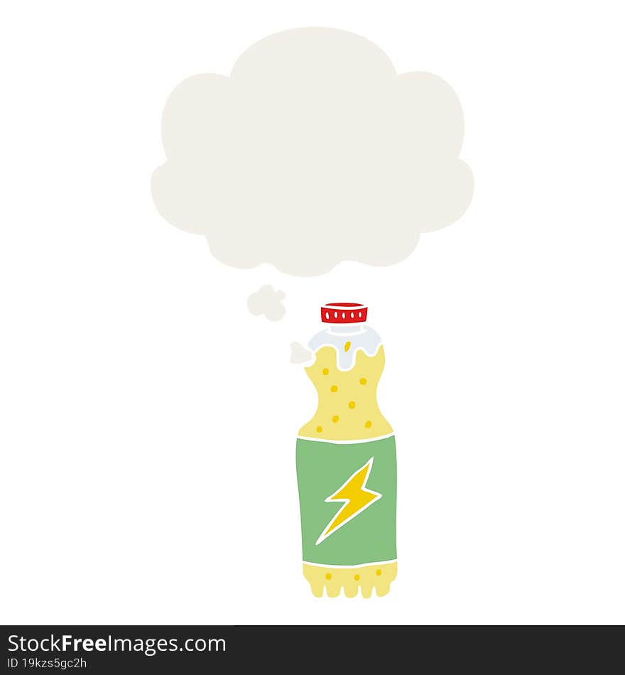 cartoon soda bottle and thought bubble in retro style