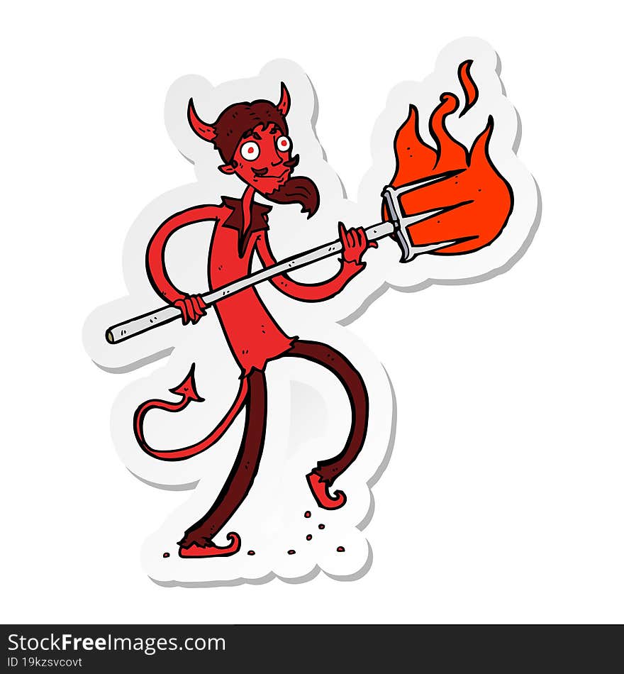 Sticker Of A Cartoon Devil With Pitchfork