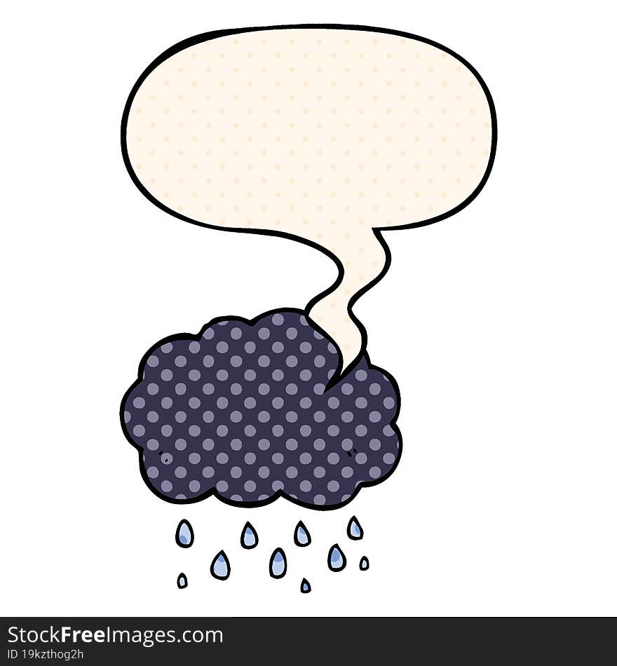 cartoon cloud raining and speech bubble in comic book style