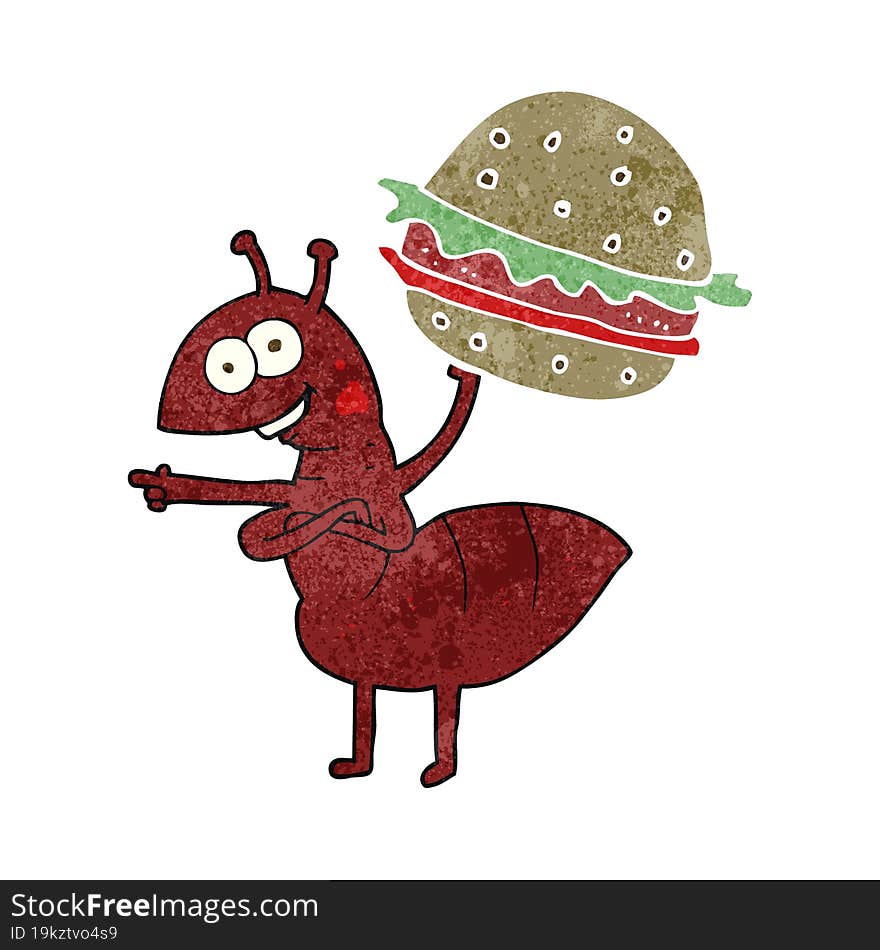 freehand retro cartoon ant carrying food