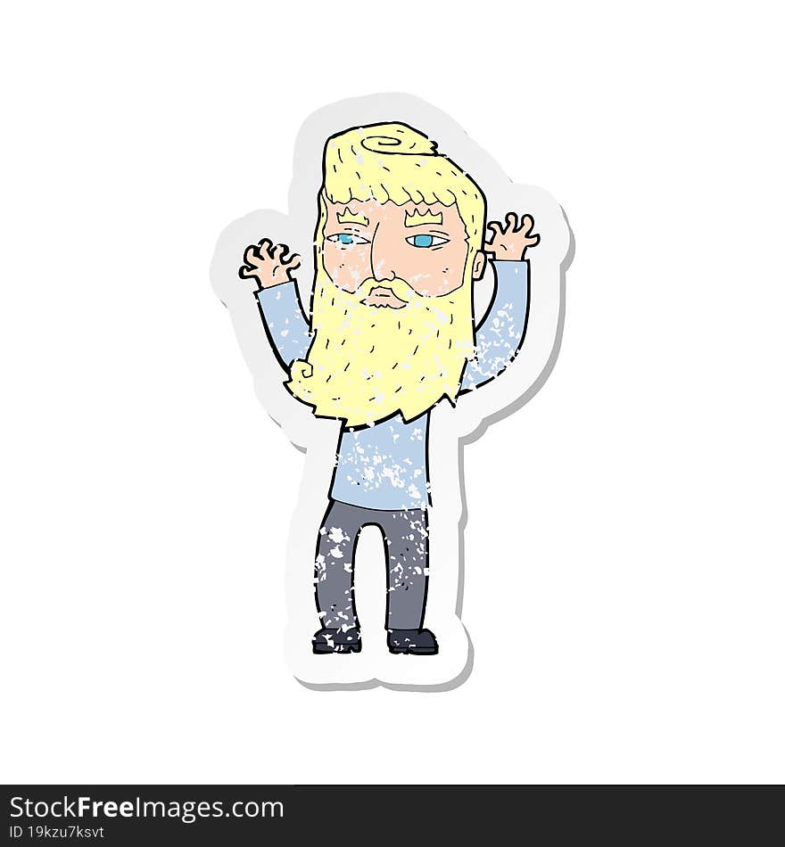 retro distressed sticker of a cartoon bearded man waving arms