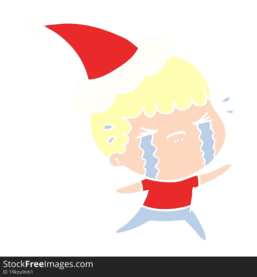 flat color illustration of a man crying wearing santa hat