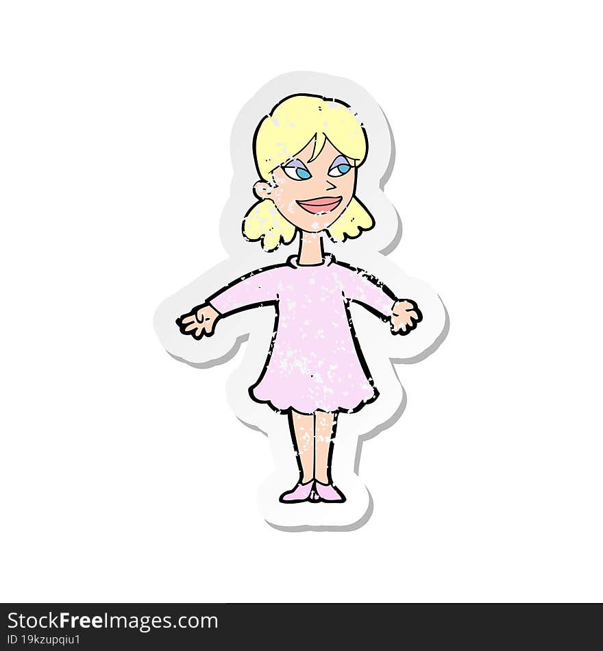 retro distressed sticker of a cartoon woman with open arms