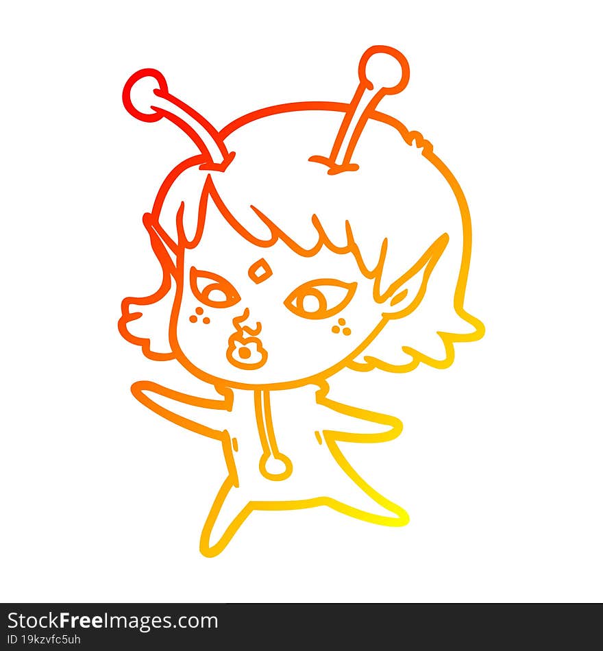 Warm Gradient Line Drawing Pretty Cartoon Alien Girl