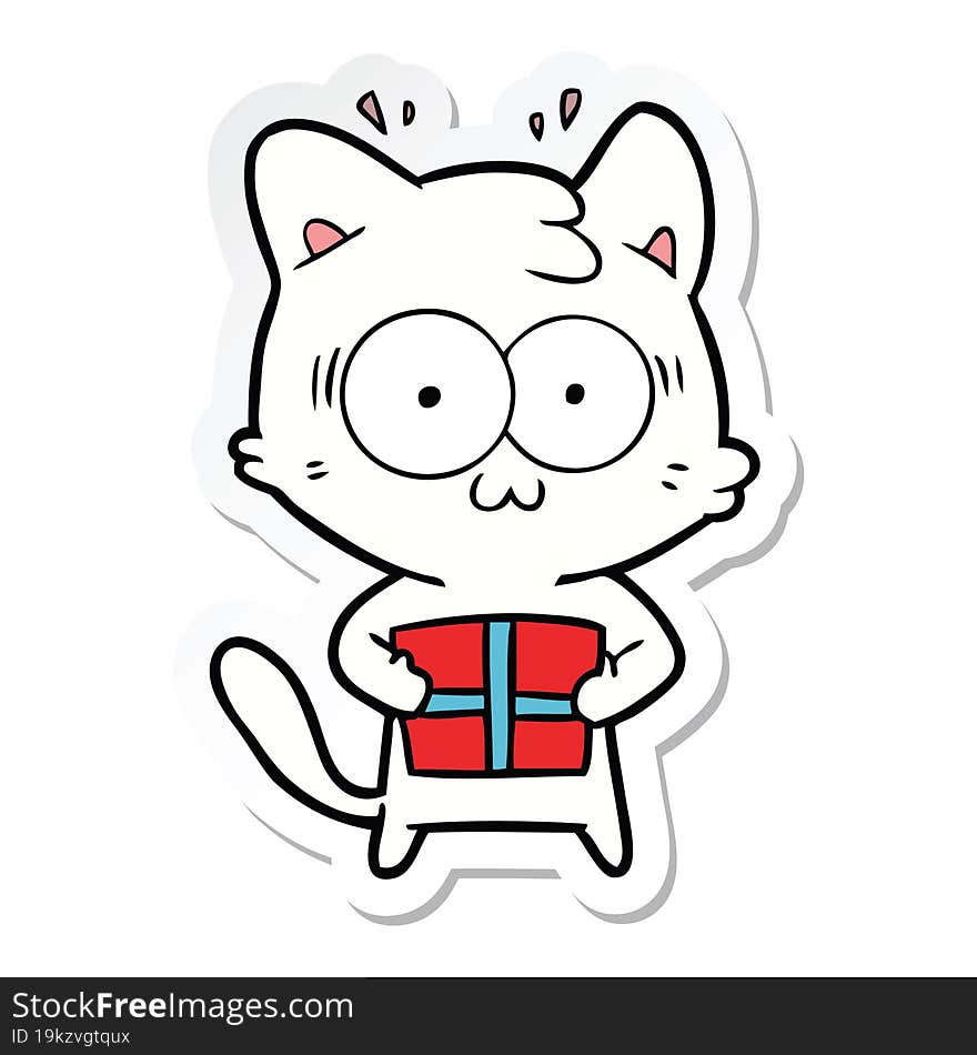 sticker of a cartoon surprised cat with christmas present