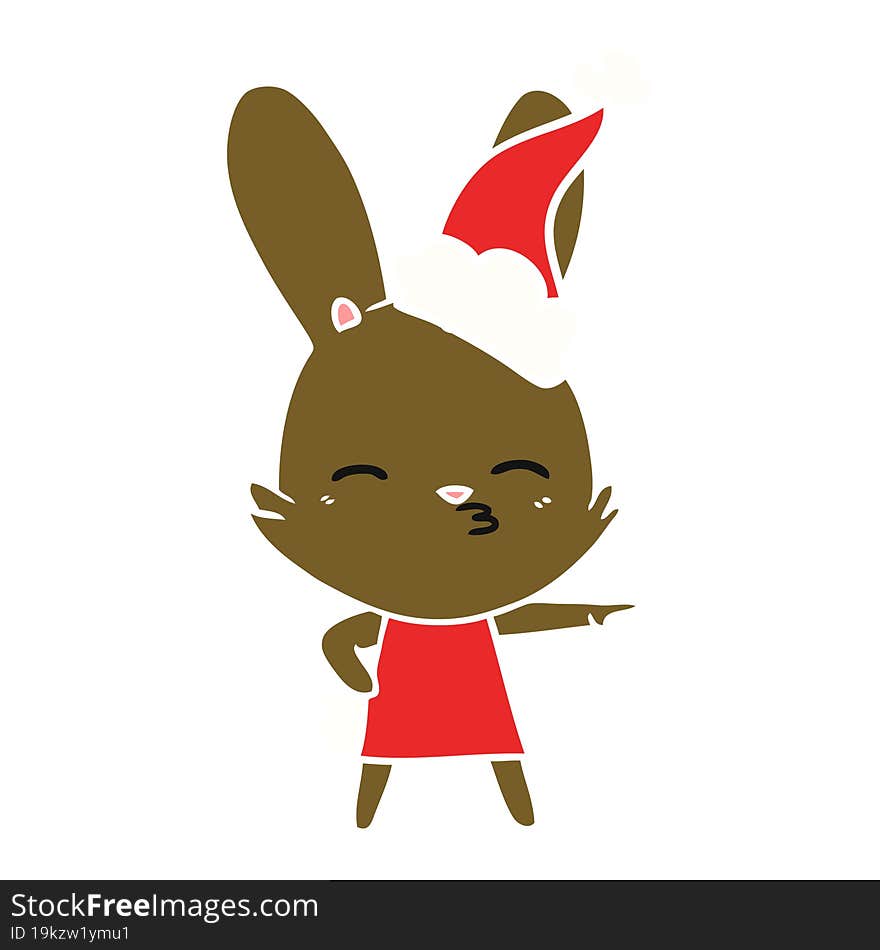 curious bunny flat color illustration of a wearing santa hat