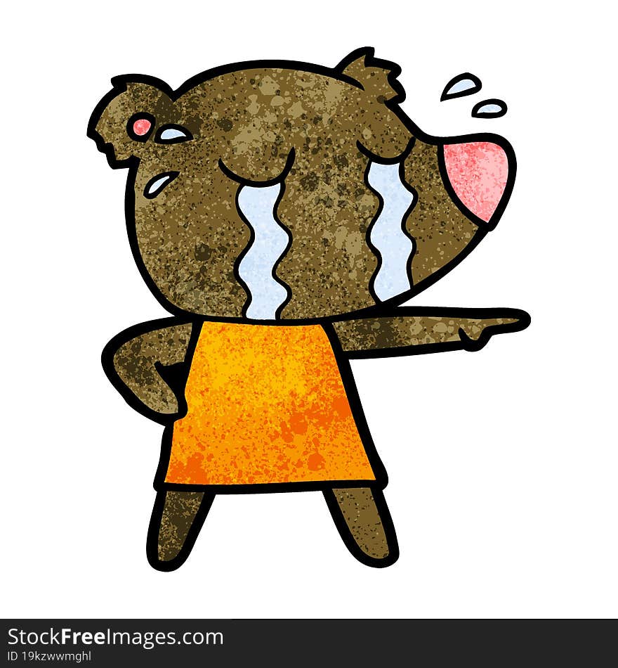 cartoon crying bear in dress pointing. cartoon crying bear in dress pointing