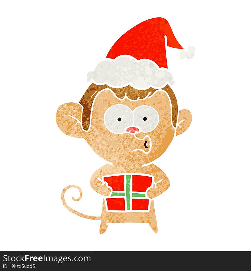 retro cartoon of a christmas monkey wearing santa hat