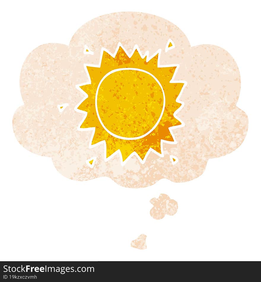 cartoon sun with thought bubble in grunge distressed retro textured style. cartoon sun with thought bubble in grunge distressed retro textured style