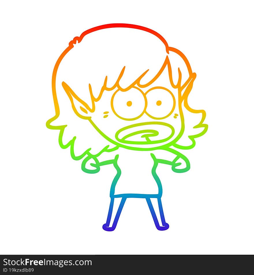 Rainbow Gradient Line Drawing Cartoon Shocked Elf Girl