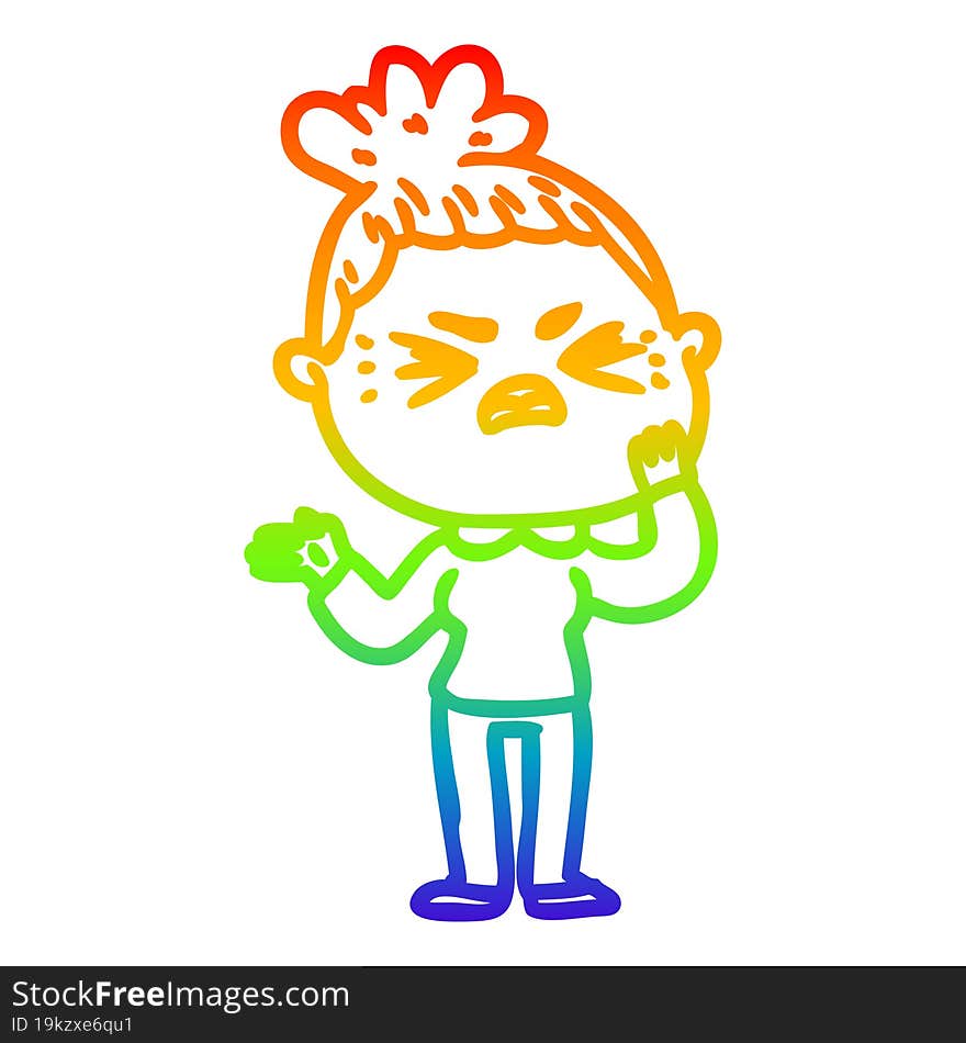 rainbow gradient line drawing of a cartoon angry woman