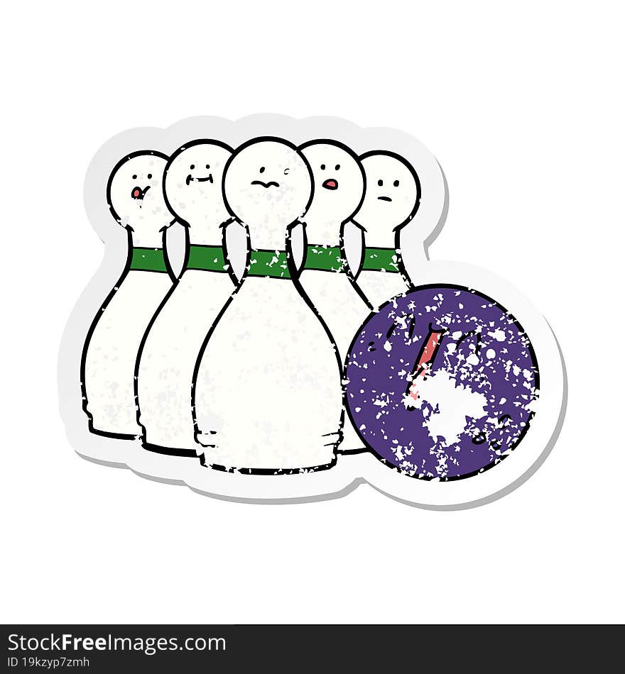 distressed sticker of a cartoon laughing bowling ball and pins
