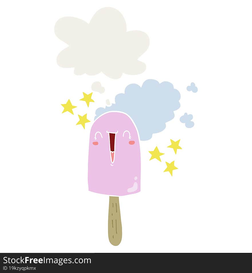 cute cartoon ice lolly with thought bubble in retro style