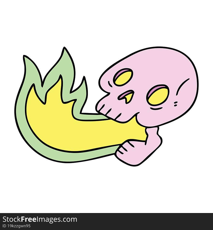 Fire Breathing Quirky Hand Drawn Cartoon Skull