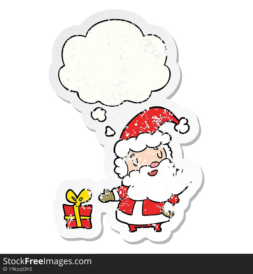 cartoon santa claus and thought bubble as a distressed worn sticker