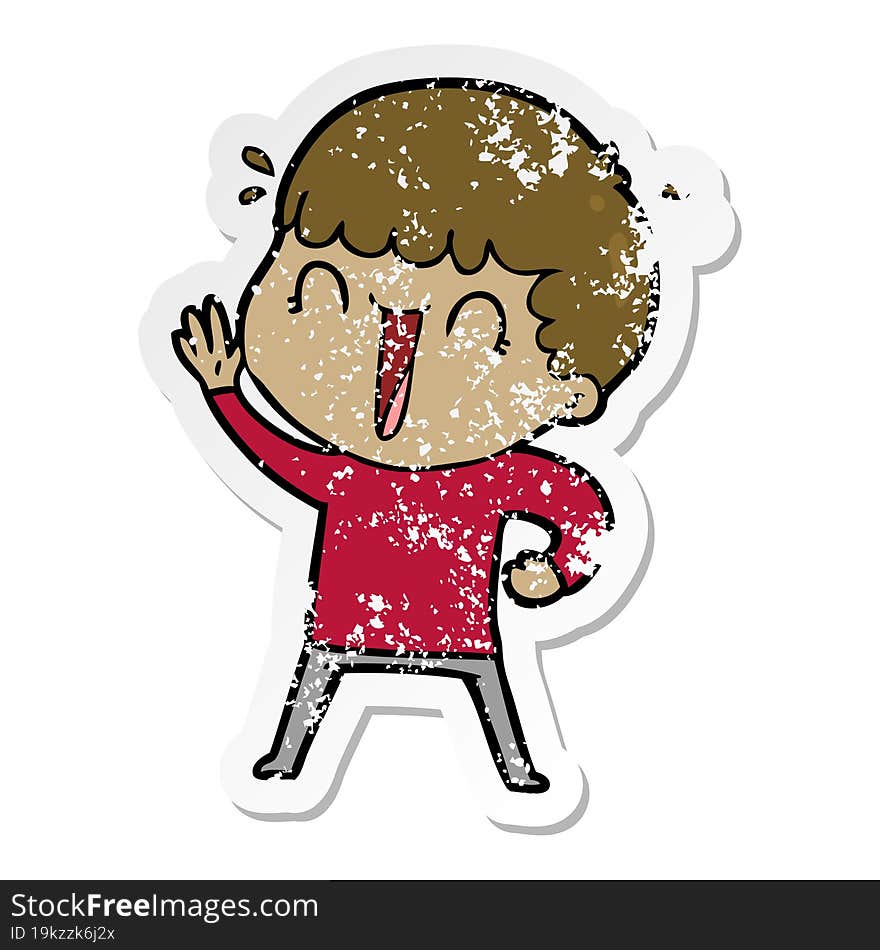 distressed sticker of a laughing cartoon man waving