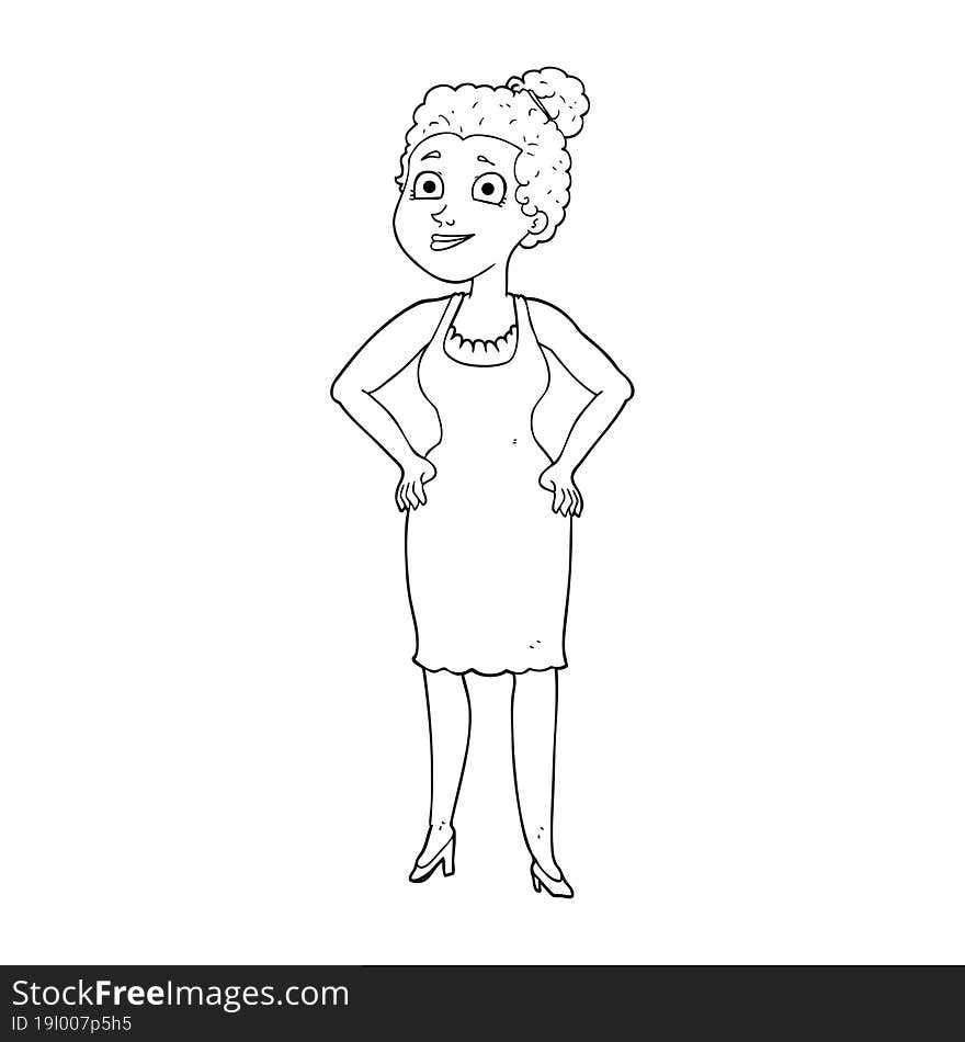 black and white cartoon woman wearing dress