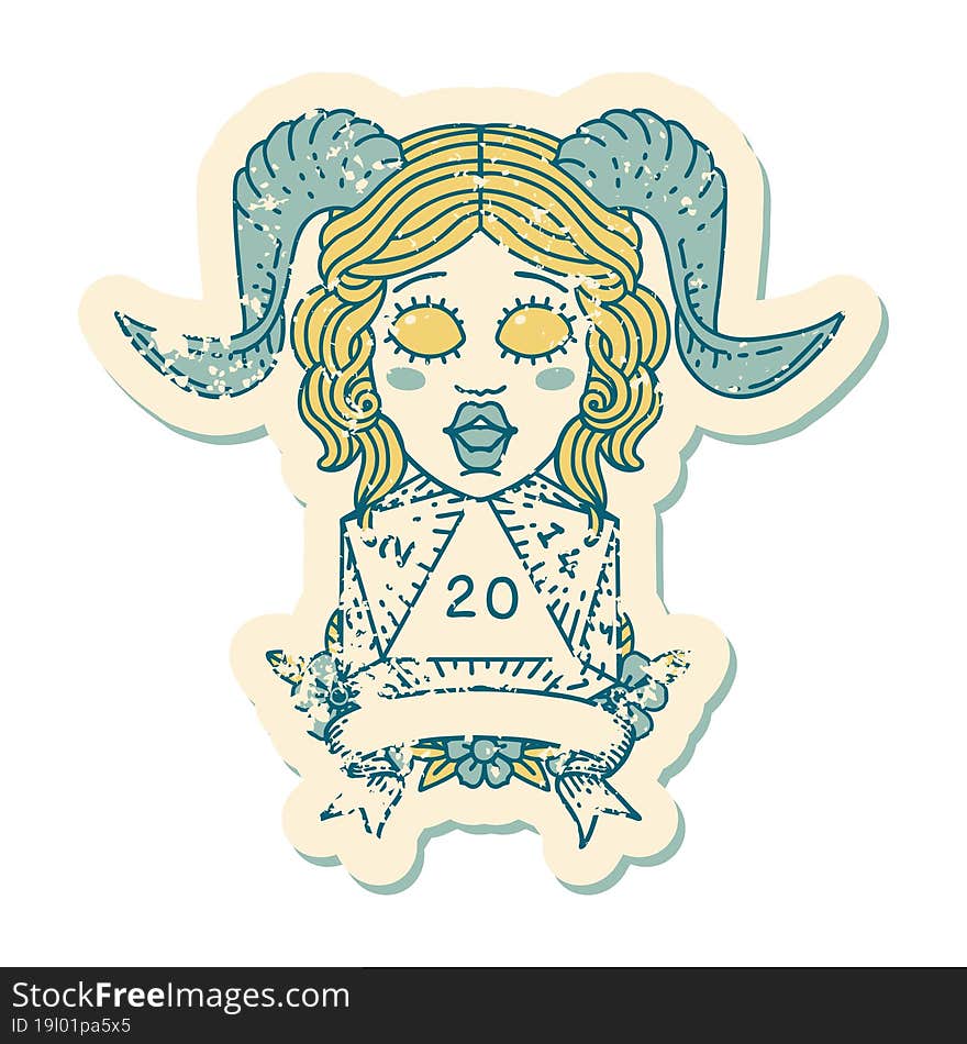 Retro Tattoo Style tiefling with natural 20 D20 roll. Retro Tattoo Style tiefling with natural 20 D20 roll