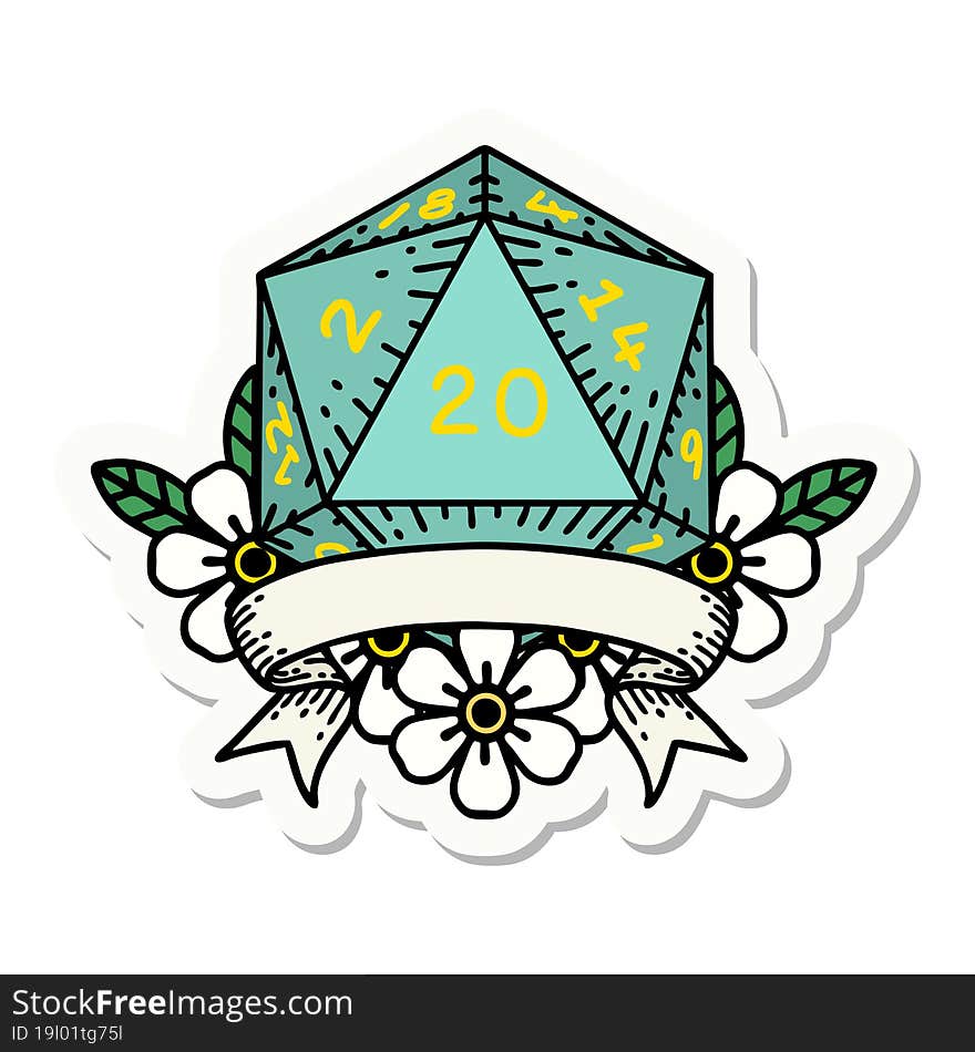 sticker of a natural 20 critical hit D20 dice roll. sticker of a natural 20 critical hit D20 dice roll