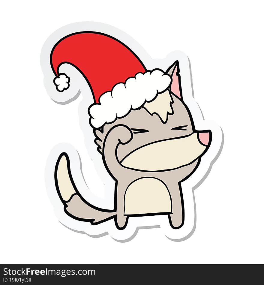 sticker of a tired wolf cartoon wearing xmas hat